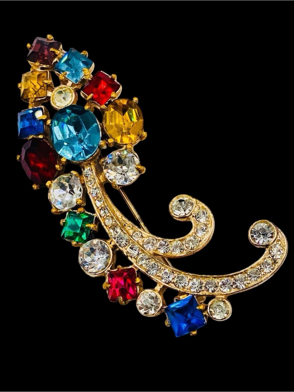 Vintage Joseph Wiesner 1940’s Comet Brooch Multi Color Rhinestones